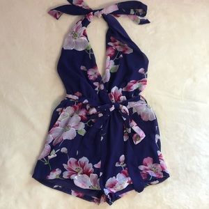 Purple/pink floral halter romper